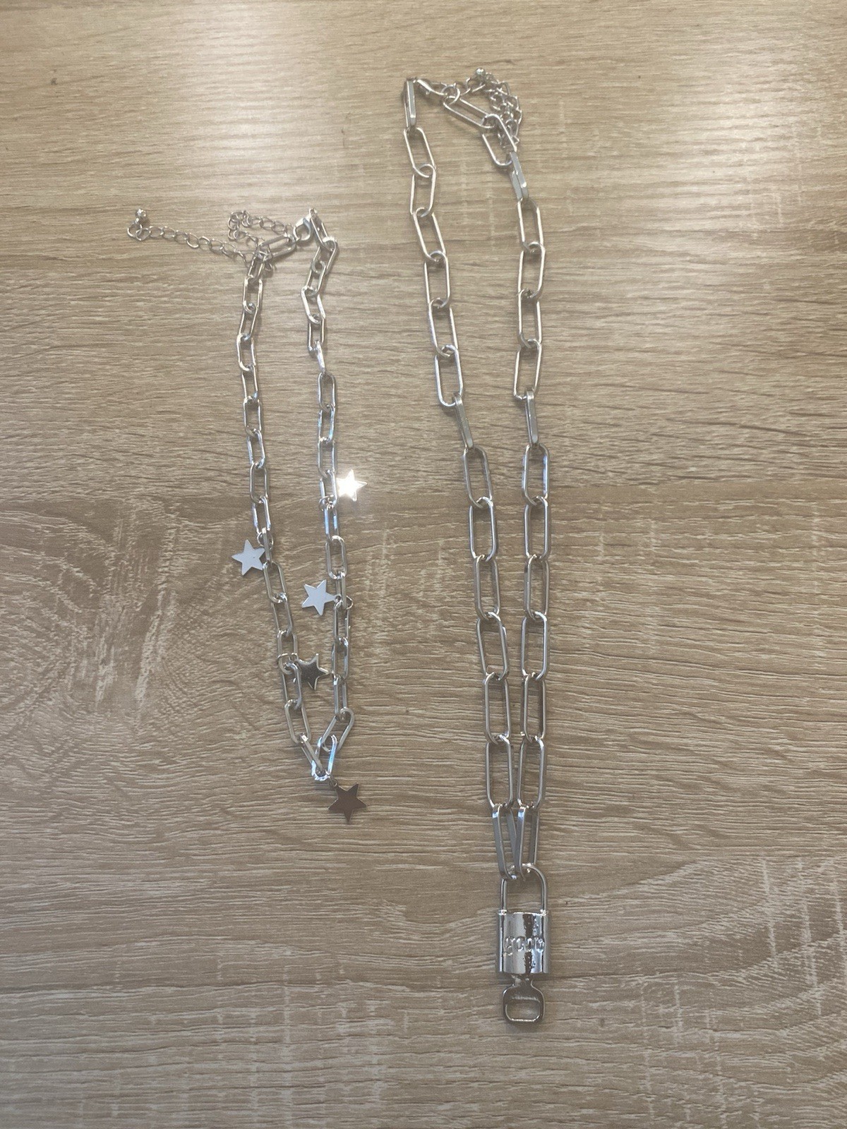 2pc Silver Paperclip Chain Necklace Set Star Charm Padlock Pendant