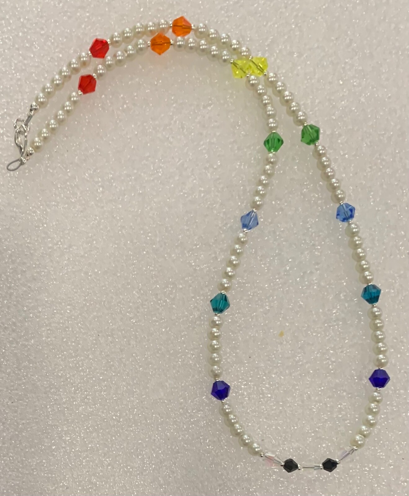 18″ White Glass Pearl and Rainbow Bicone Crystal Necklace