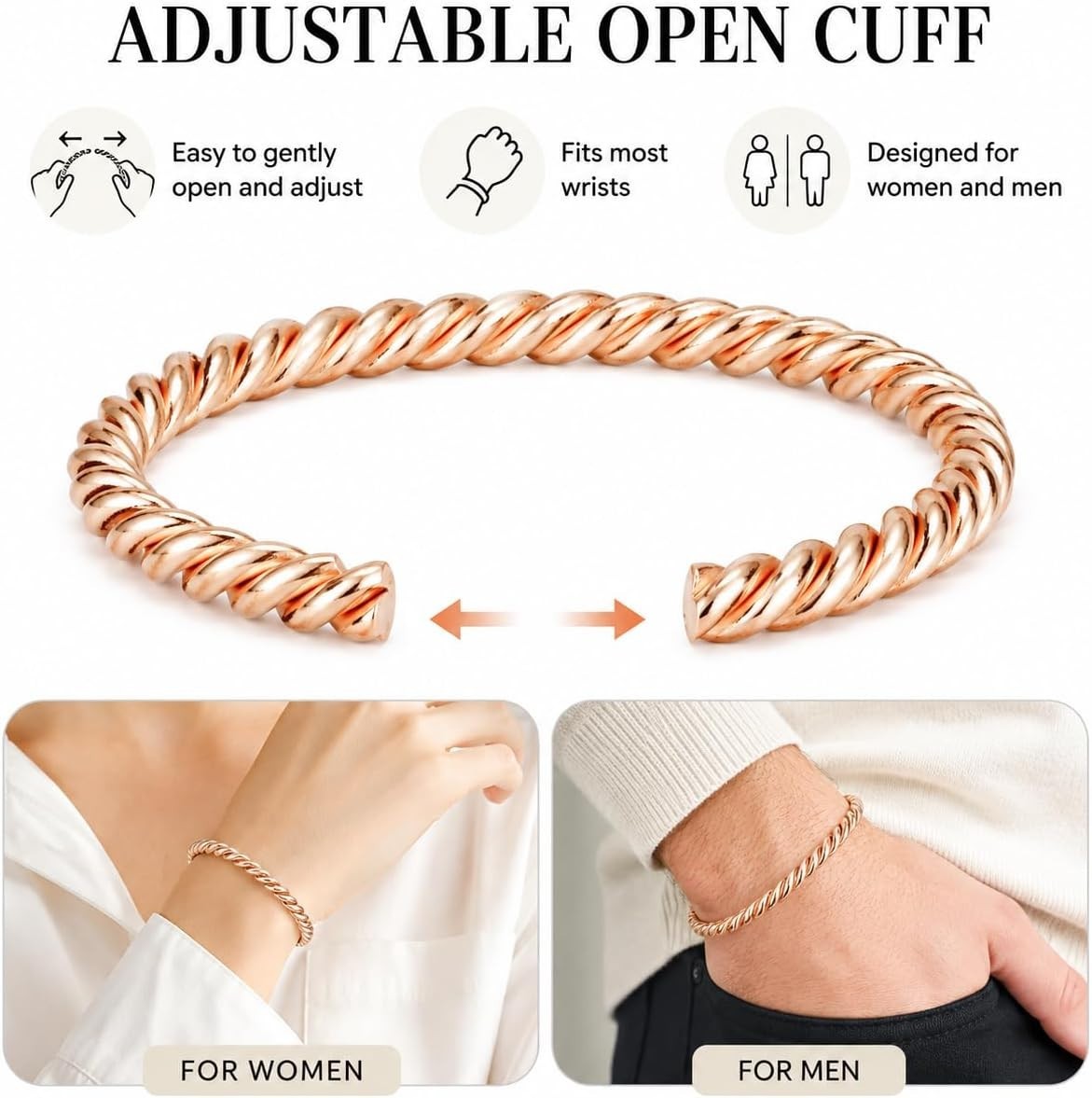 Copper Tensor Bracelet, Twisted Open Adjustable Cuff Bangle, Handmade