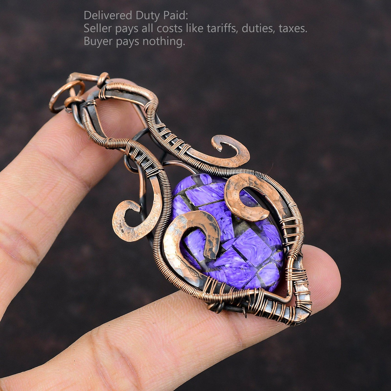Oval Copper Russian Charoite Gemstone Anniversary Wire Wrapped Pendant Copper