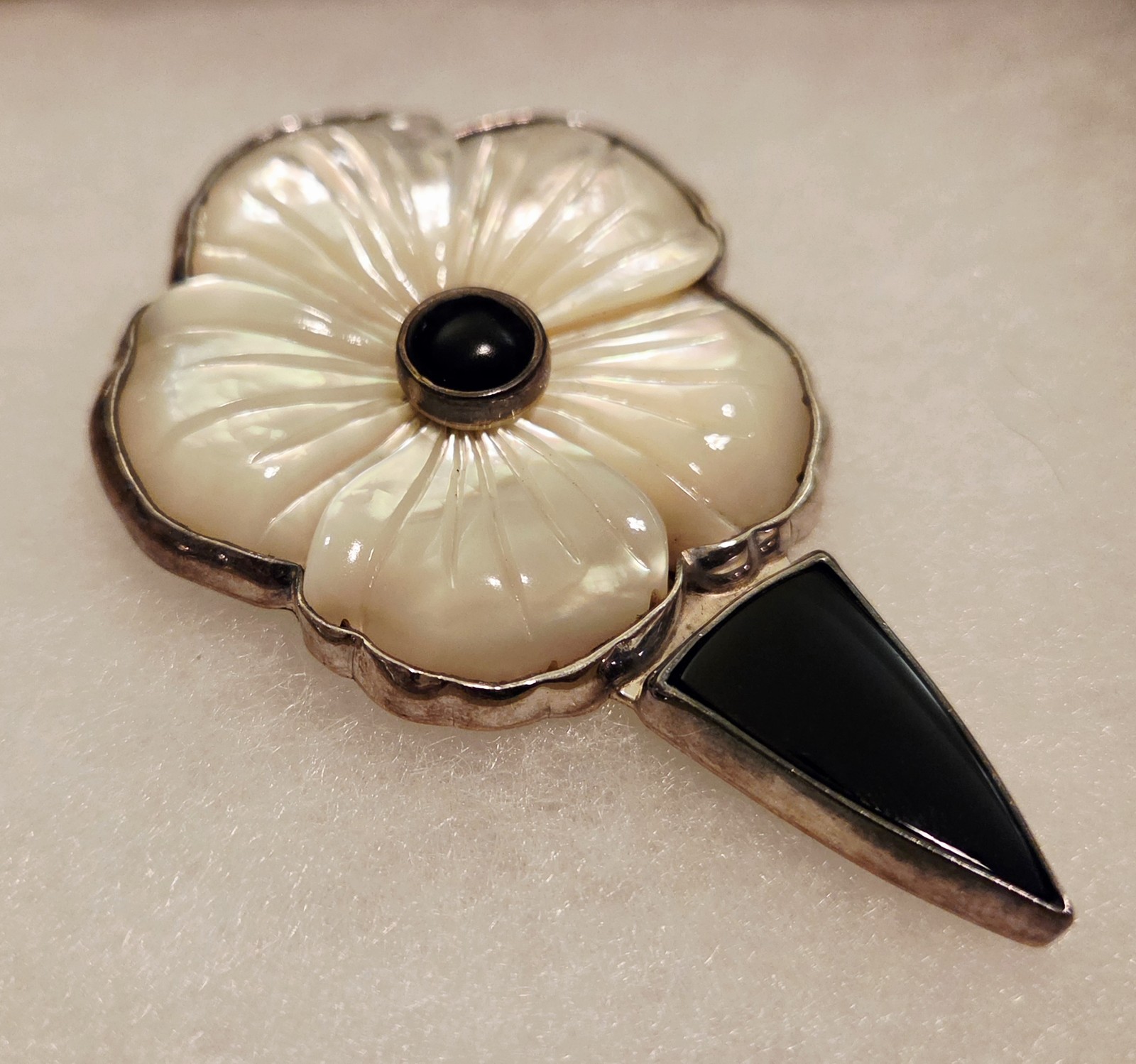 Sterling Silver Carved Mother of Pearl Flower Onyx Brooch Pendant Obsidian