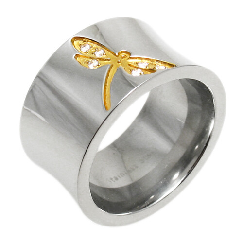 Stainless Steel Concave Micro Paved CZ Gold Plated Dragonfly Design Band Ring