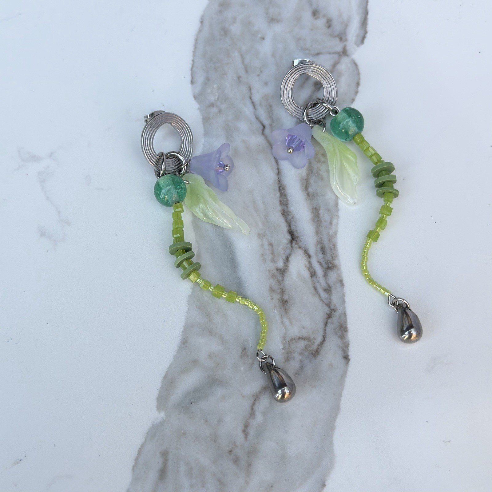 Green Purple Glass Beaded Dangle Drop Earrings, Steel Spiral Stud