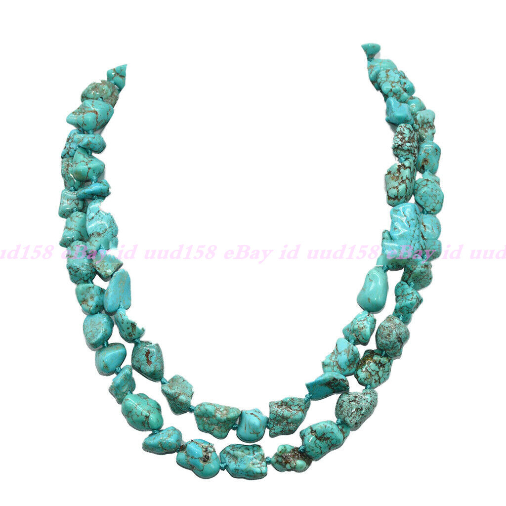 Chunky Natural Green Turquoise Gemstone Nugget Jewelry Beaded Long Necklace 35”