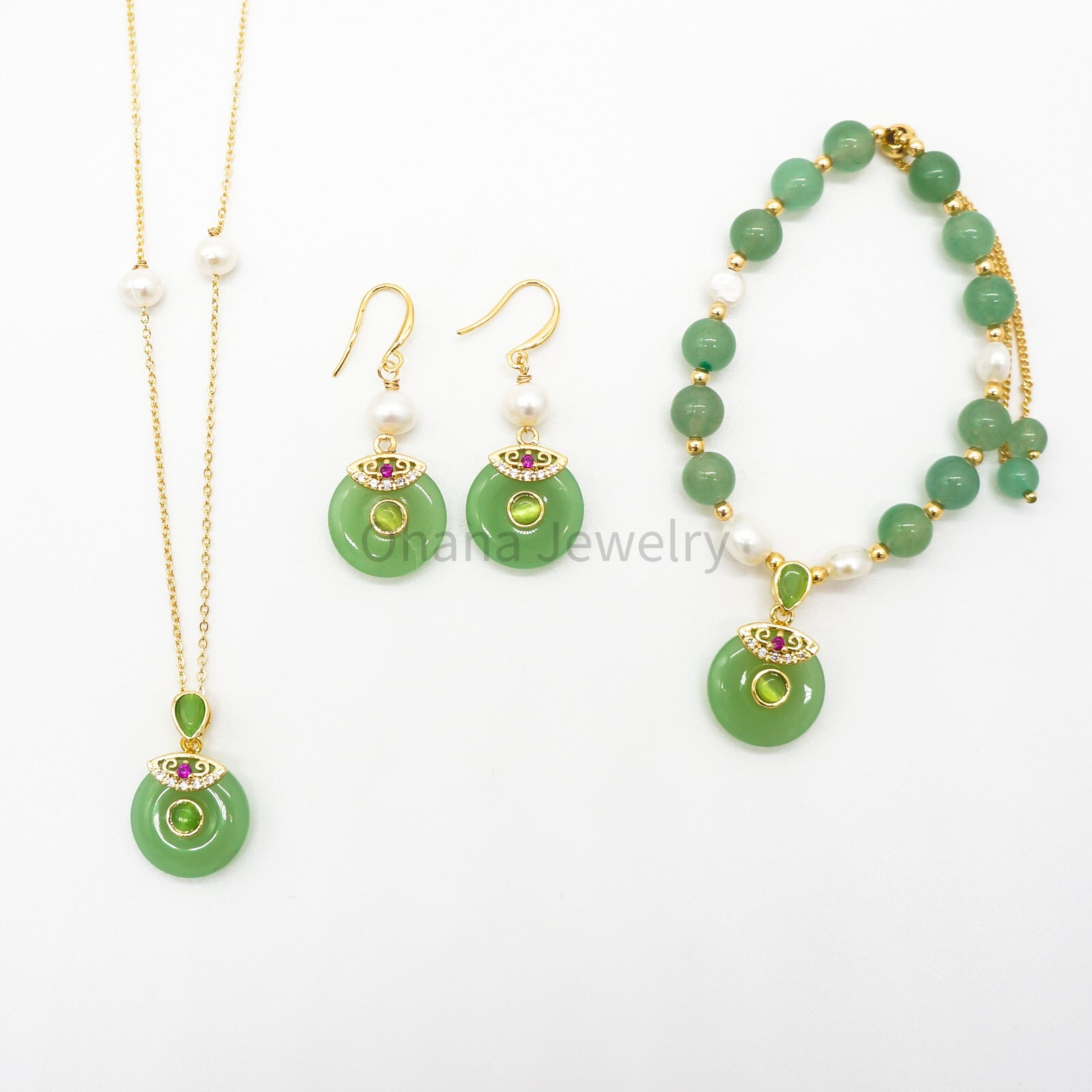 Natural Green Jade Copper Freshwater Pearl 18″ Oval Link Necklace – Fancy Donut