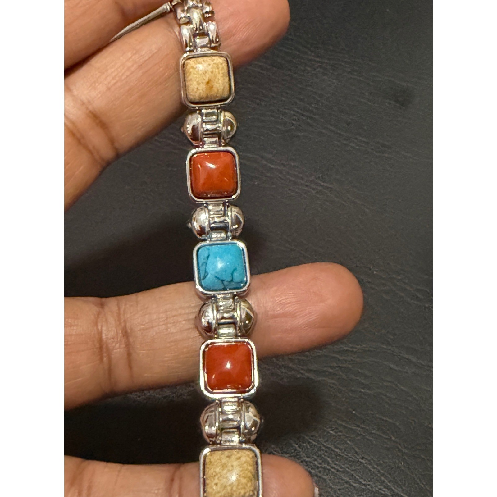 Link Bracelet Womens Multi Faux Stone Silver Excellent Southwestern Boho Square