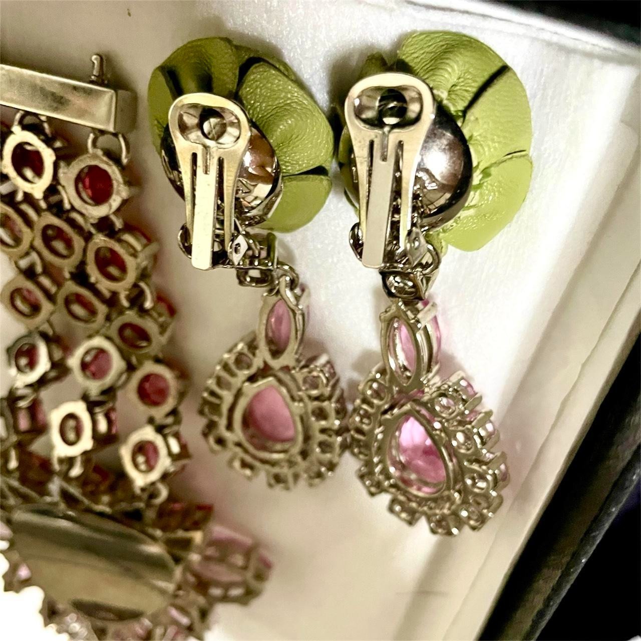 Prada S/S 2012 Green Patent Leather Rose Pink Rhinestone Bracelet & Earrings Set
