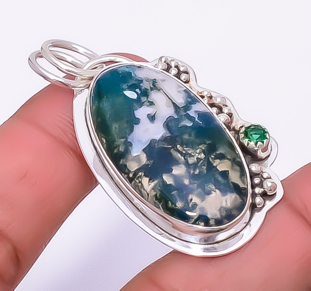 Moss Agate 925 Sterling Silver Handmade Pendant 1.95″ P2122222, Christmas Gift