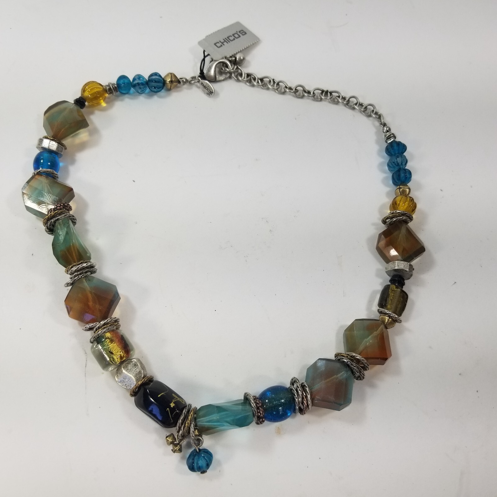 Chicos Necklace Beads Silver Tone Brown Blue Boho Adjustable
