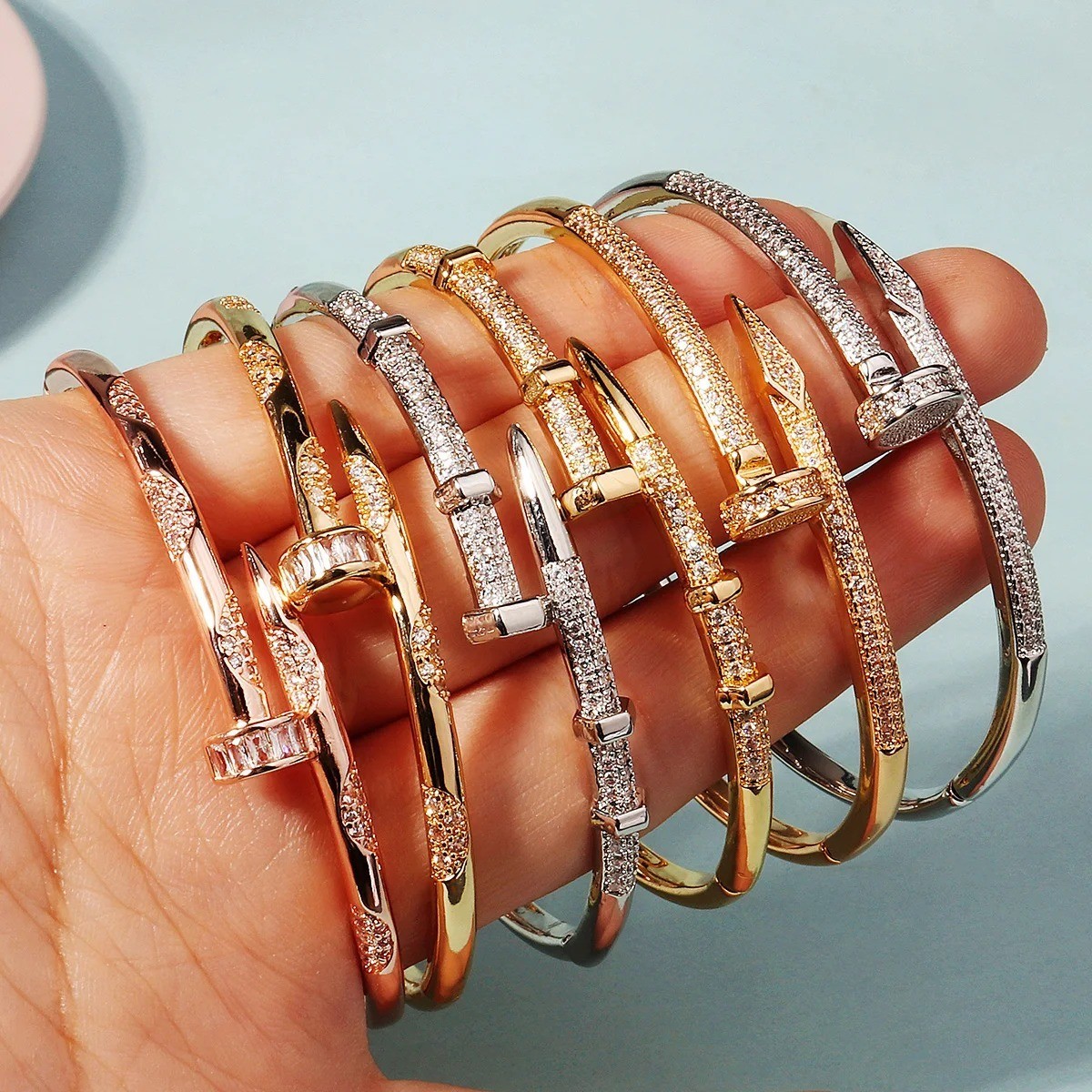 14k Yellow Gold plated Open Nail Bolt Trendy Bracelet AAA quality cubic zirconia