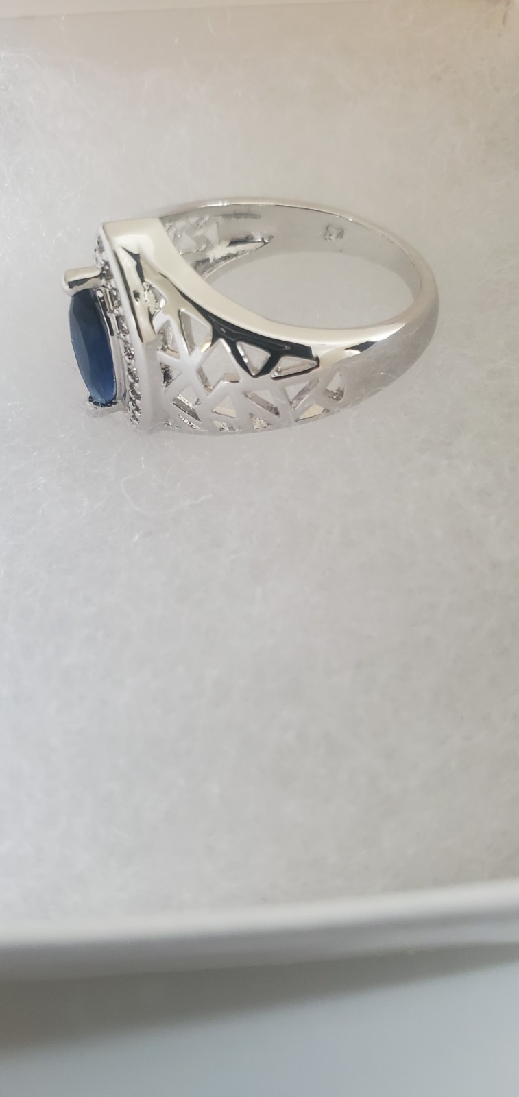 White Gold Filled Over Copper Band Ring Size 7 with Blue Marquise Center Stone