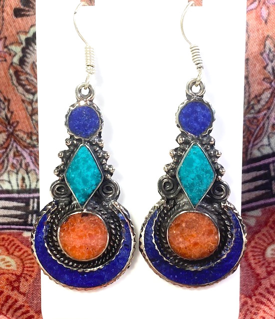Lapis Lazuli Coral Turquoise Gemstone Drop Dangle Ethnic Tibetan Earrings 2.4″