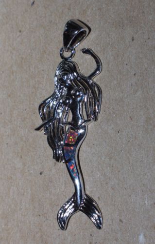 1 inlaid fire opal necklace pendant gems silver plate jewelry Mermaid Marine Sea