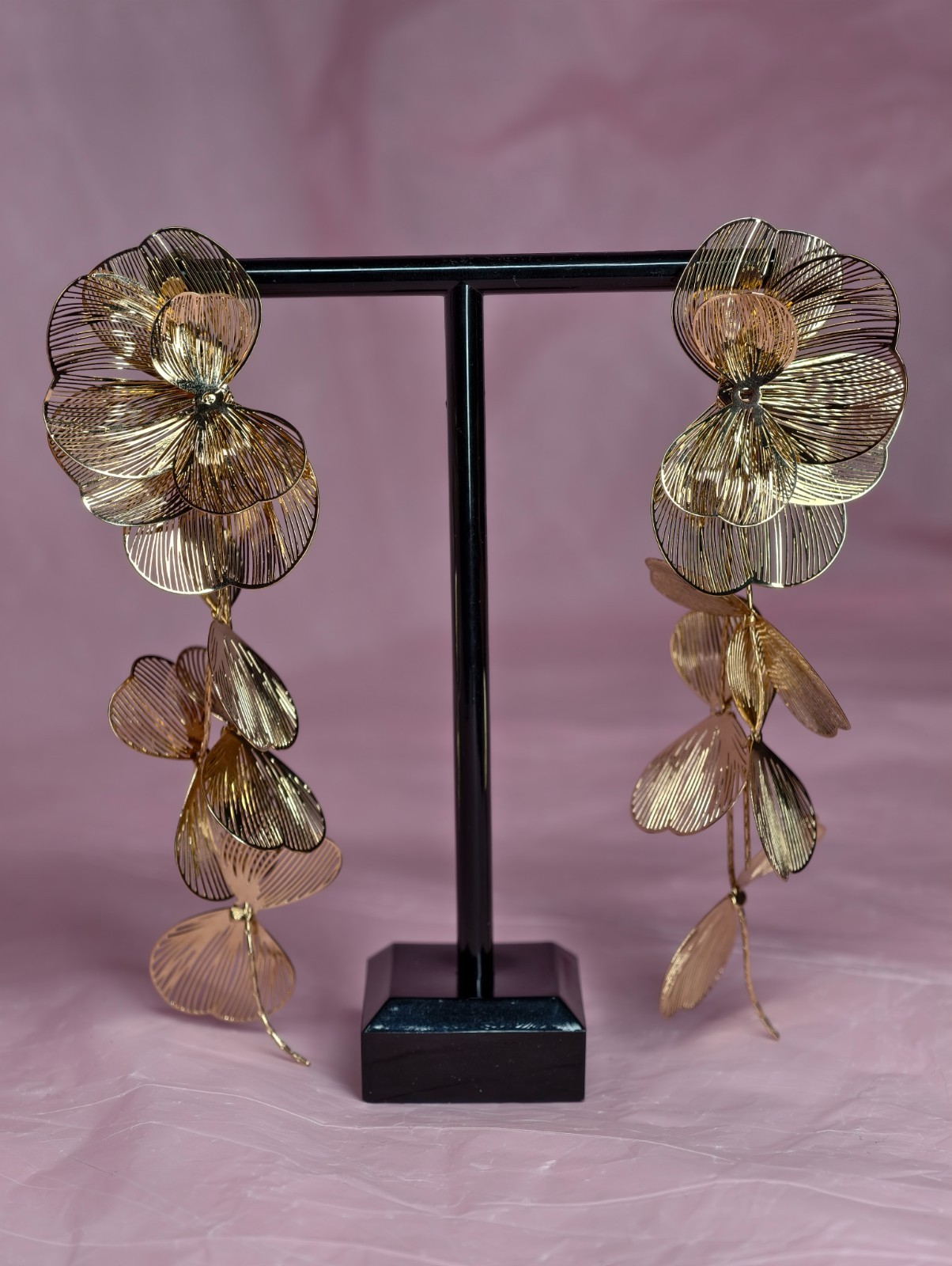 Gold Floral Statement Drop Earrings Large Orchid Flower Dangle Wedding 11cm