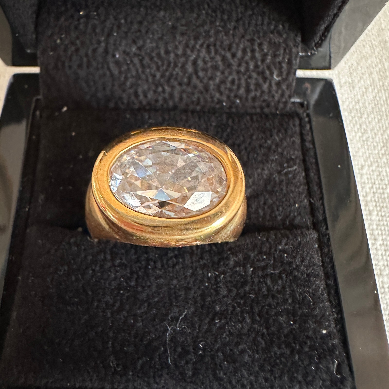 Yellow Gold-tone Bezel-Set Oval CZ Ring, Size 8
