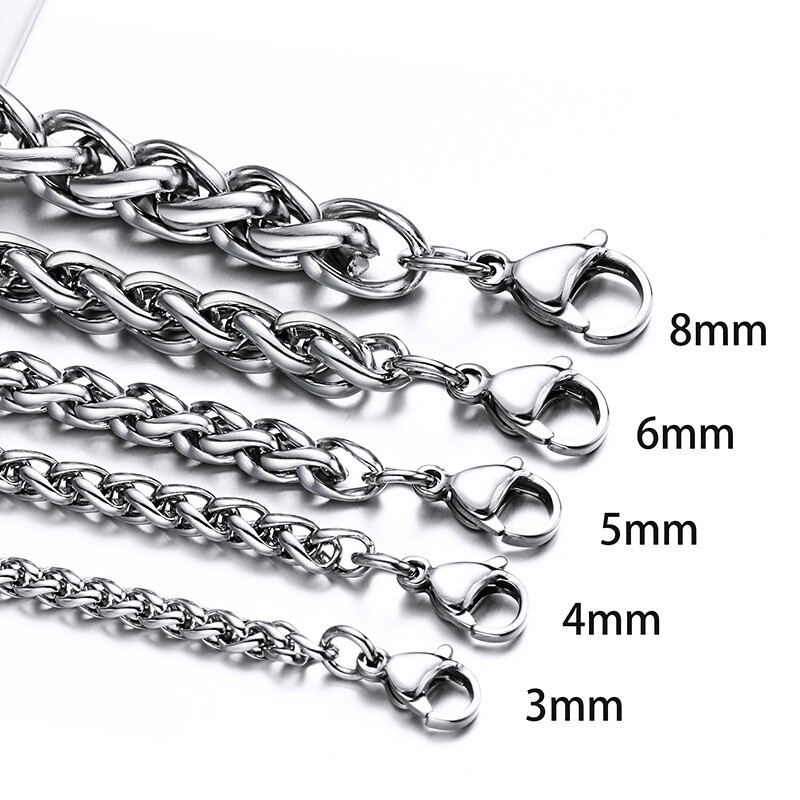 2.5/3/4/5/6/8mm 316L Man Woman Stainless Steel Wheat Braided Chains 7.5”-36”