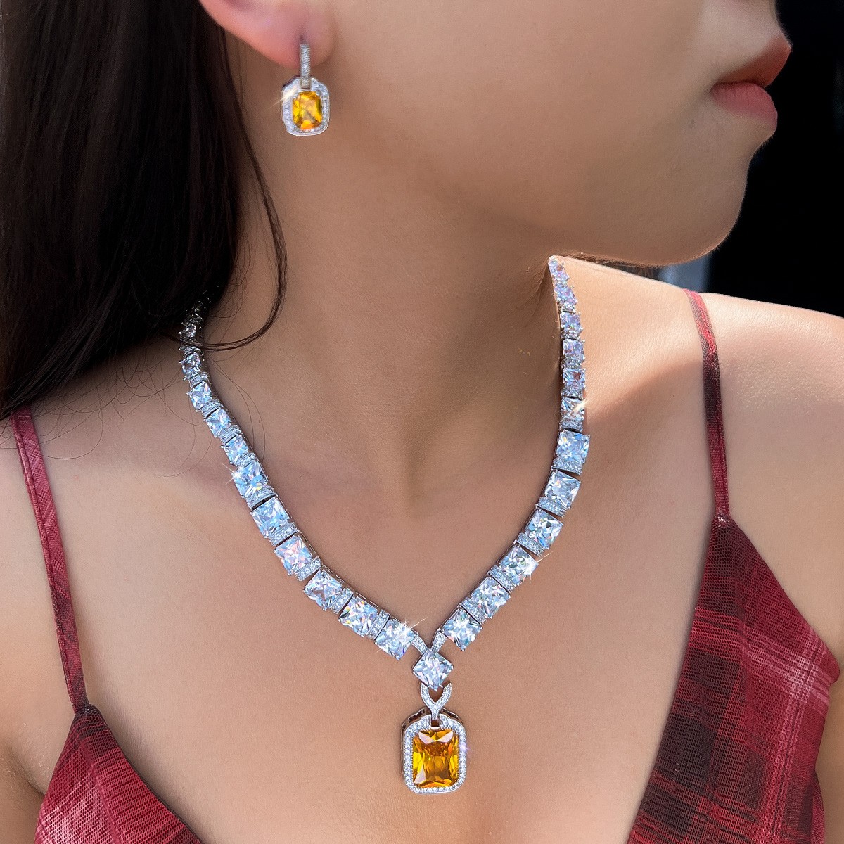 Silver Plated CZ Yellow Square Necklace Earrings Set for Women Costume Jewelry