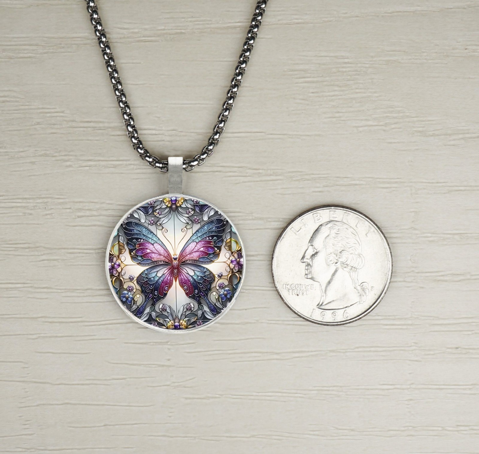 Colorful Butterfly Pendant, Stainless Steel Chain Necklace, Length Choice