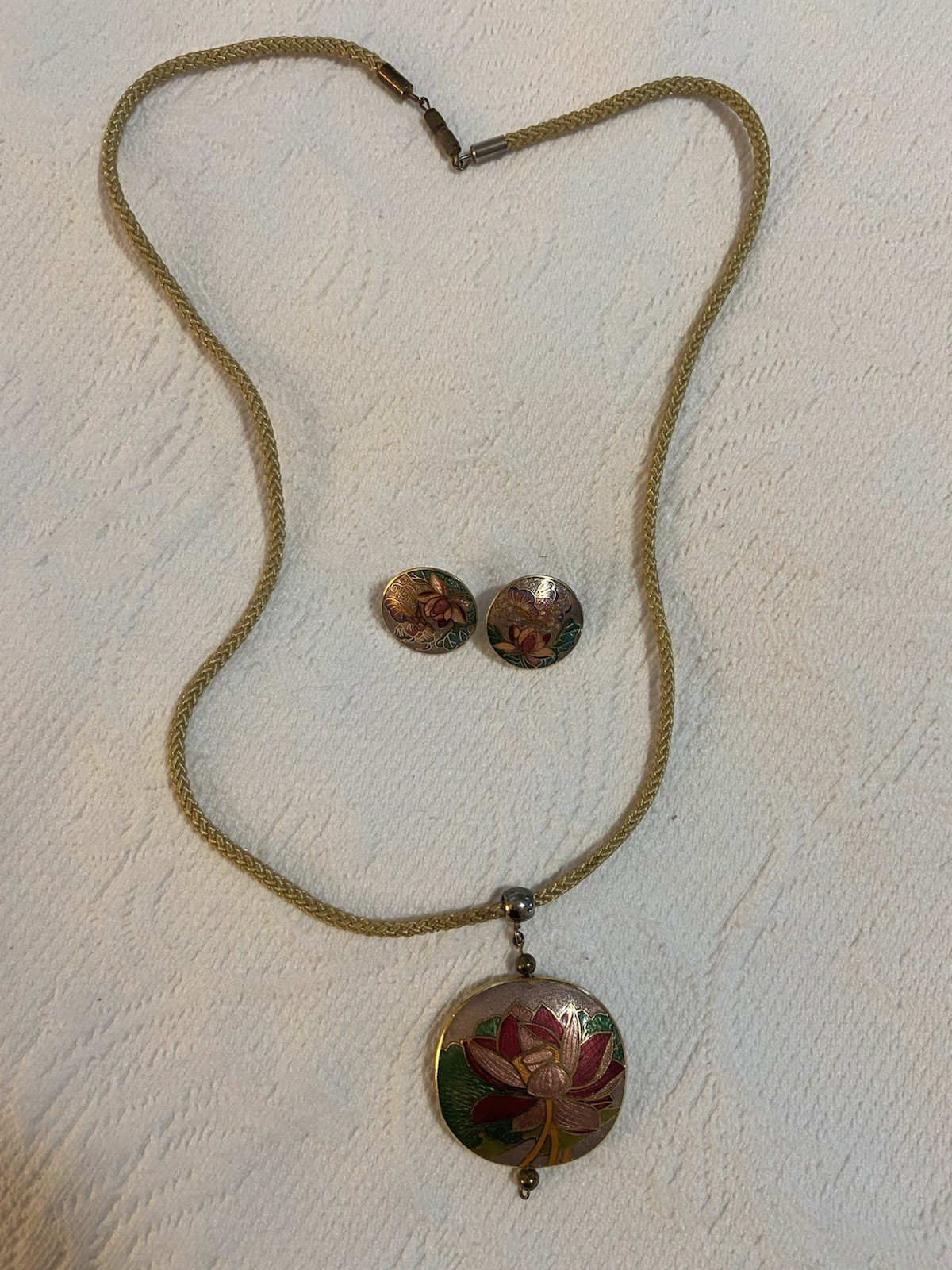 Vintage Sea Gems Cloisonné Necklace Pendant & Earrings 23”