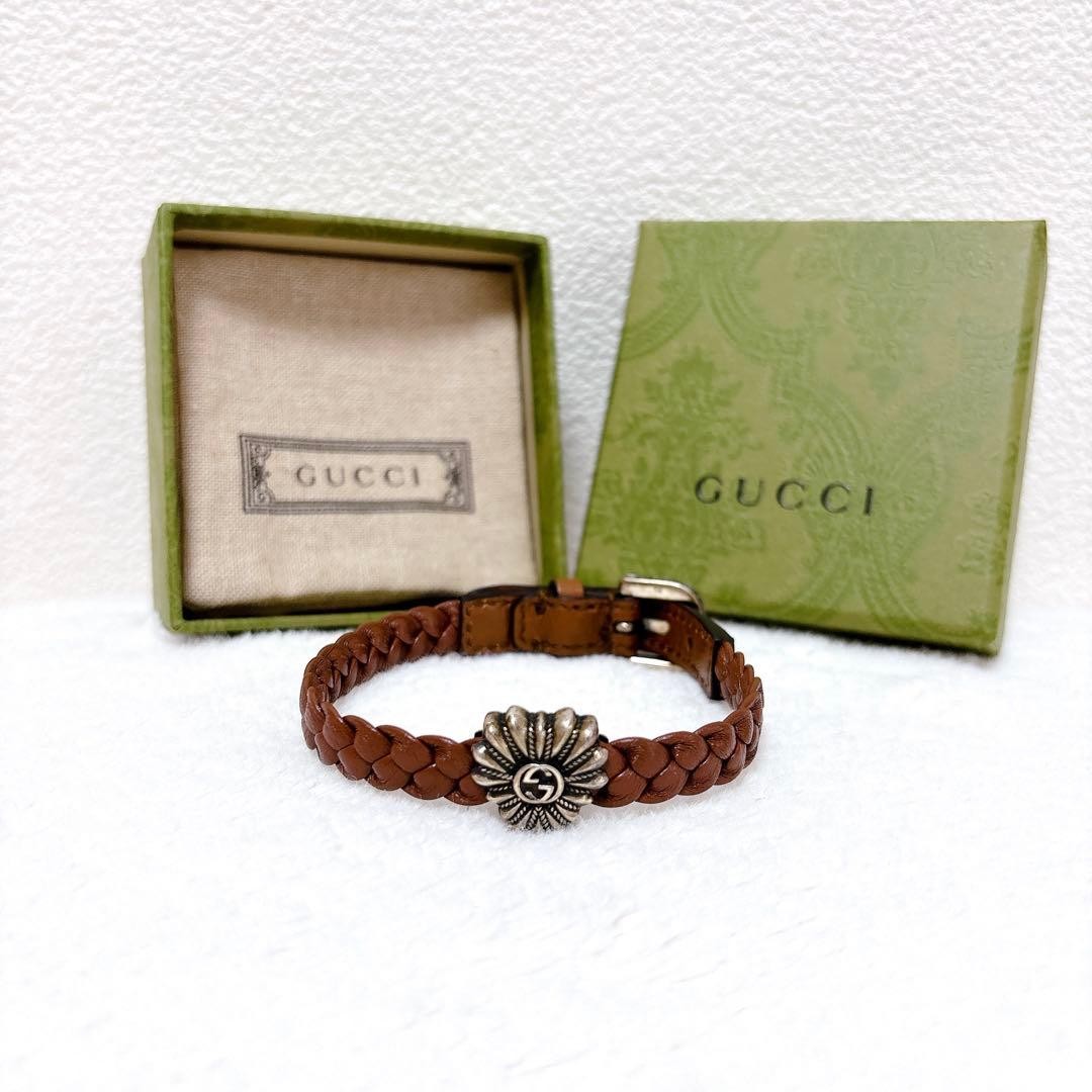 GUCCI Heart Wrap Bracelet Braided Leather Brown Size: 18 7.1/7.8 in. [Unused]