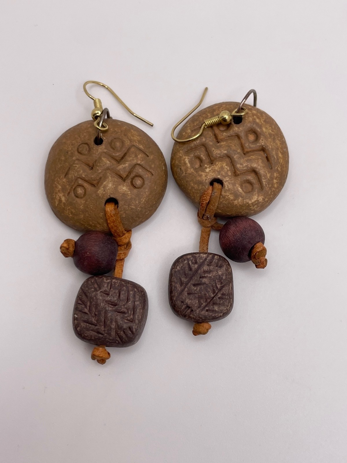 Handcrafted Tribal Style Wooden Clay and Leather Earrings