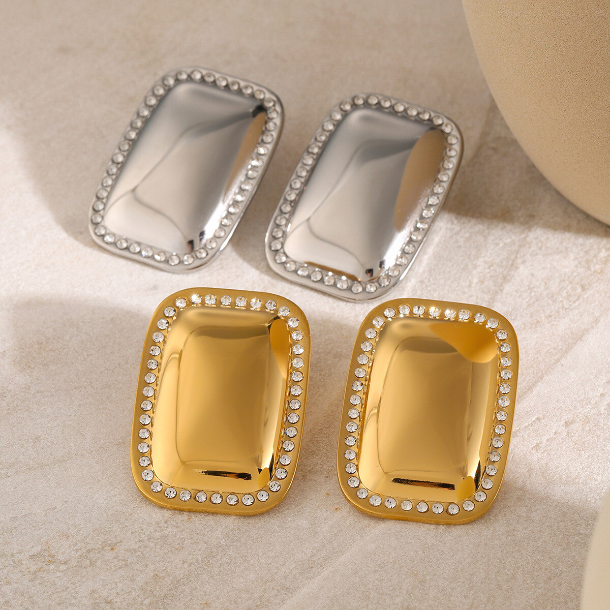 2 Colors Woman 18k Gold Plated Square Starry CZ Polished Earring Stud