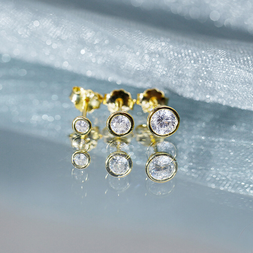 3PCS Tiny Bezel Stud Earrings, 925 Sterling Silver Cz Helix Studs, 3 sizes A4418