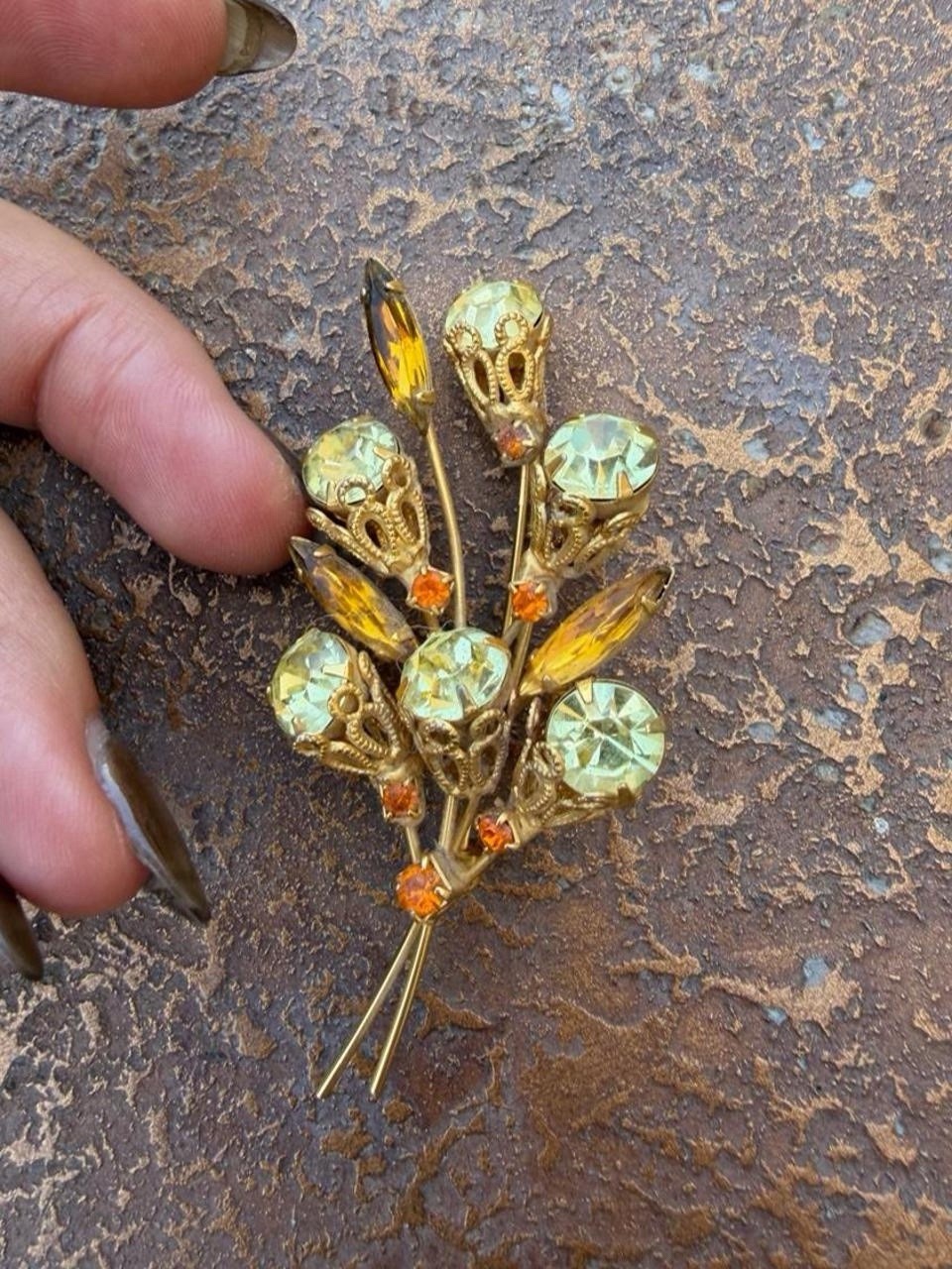 Gold Tone Floral Spray Brooch Pin Yellow Rhinestones & Amber Navette Stones
