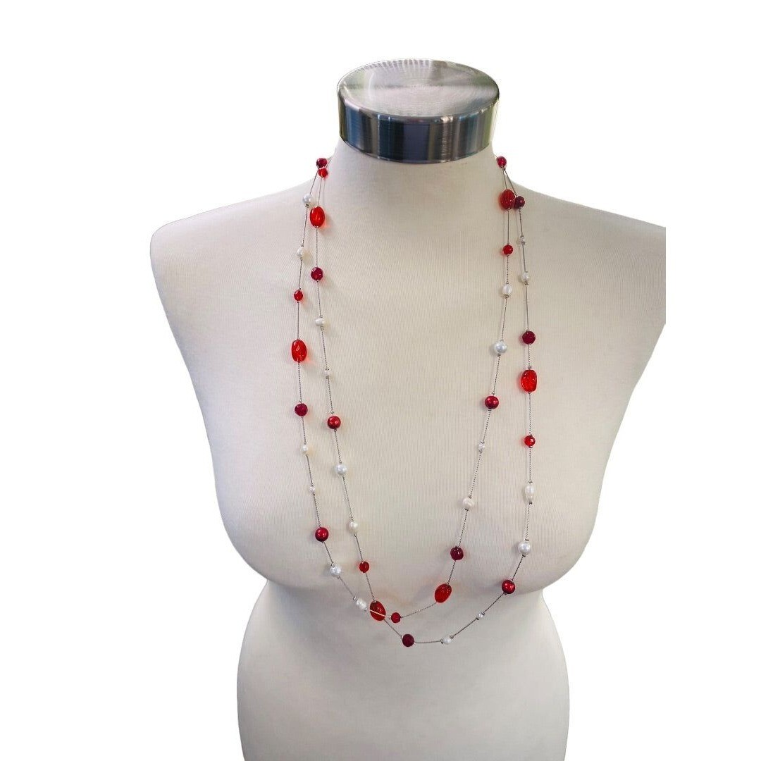 Silvertone Red Chain Necklace Strand String 67″ Lobster Clasp Faux Assorted Pear