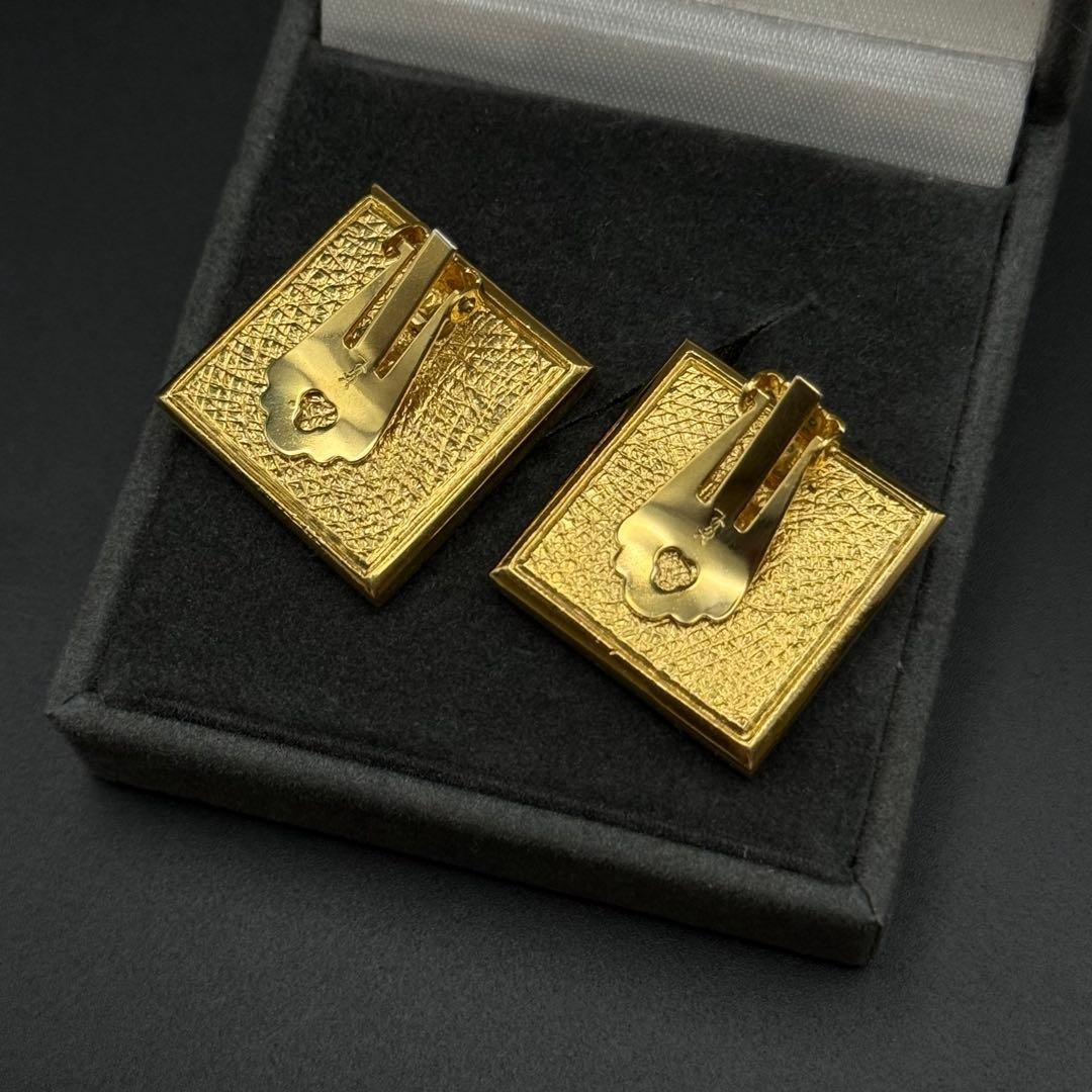 Yves Saint Laurent Earrings YSL Square Engraving Vintage Gold Tone From Japan
