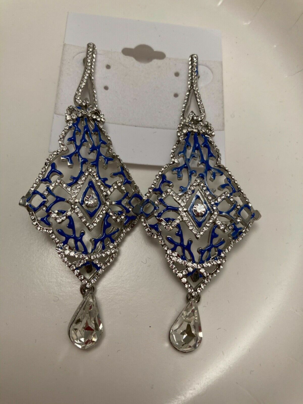 Art Deco Architectural Pierced Earrings Blue Enamel Clear Pave Crystals 3 1/8″