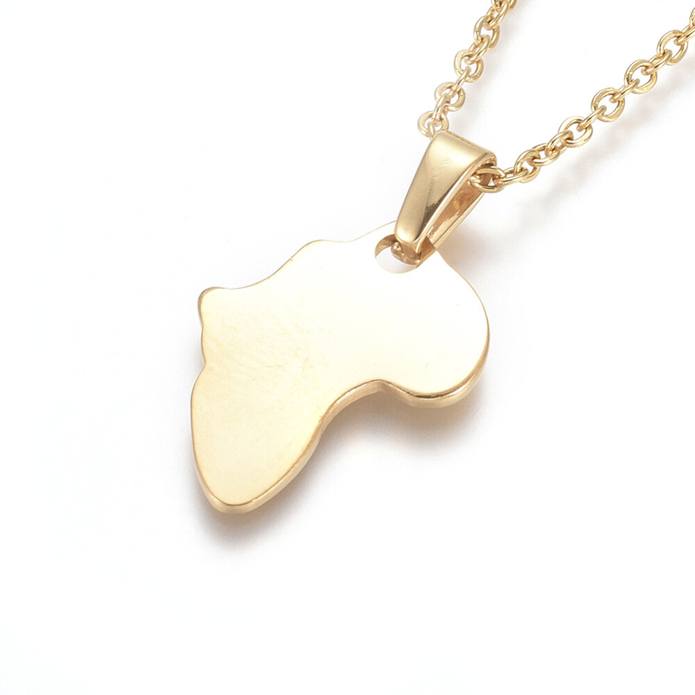 Stainless Steel Pendant Necklace Chain Lobster Africa Map Gold 17.5″ 1.5mm A235