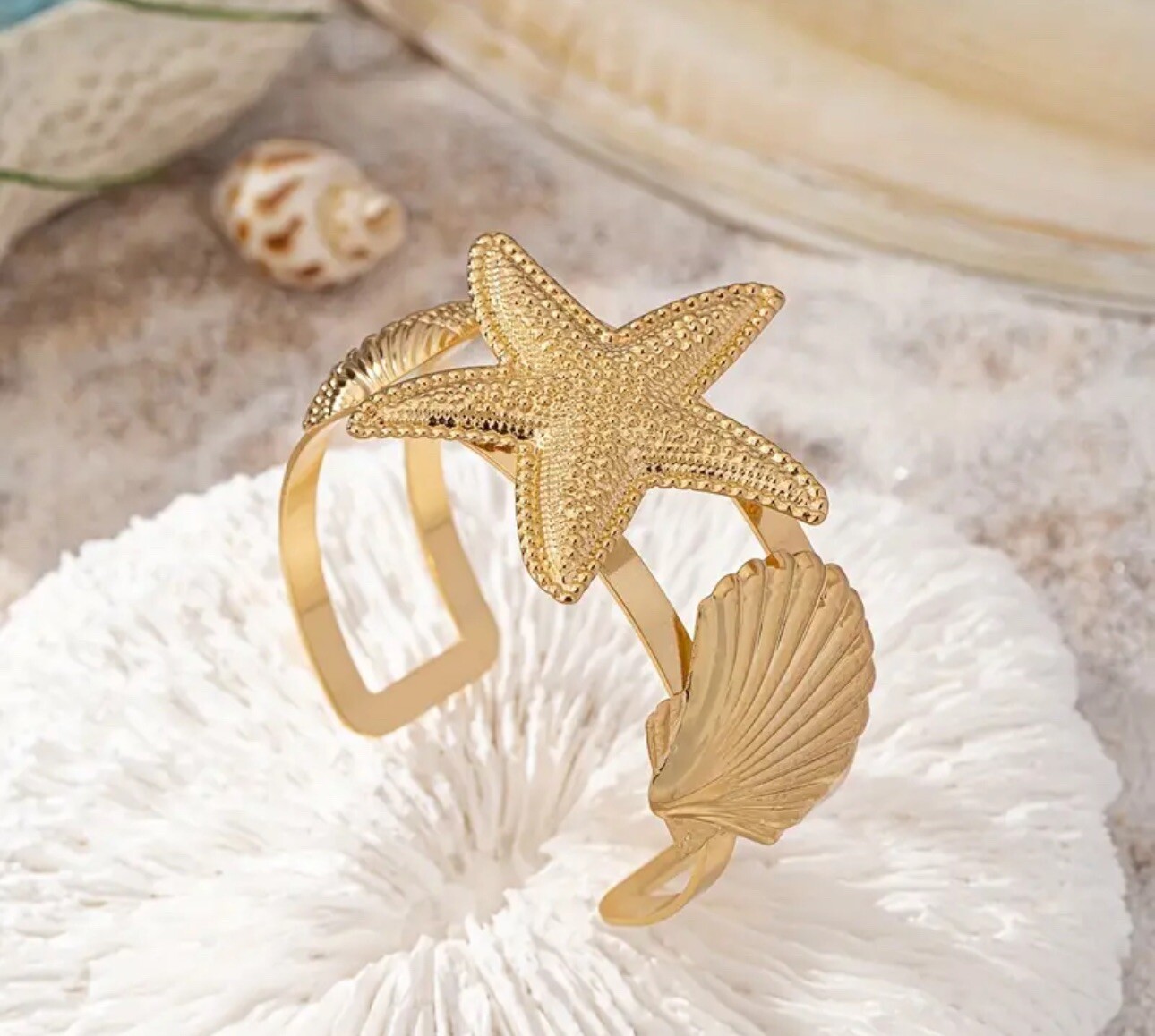 Bohemian Style Starfish & Shell Charm Open Cuff Bracelet Golden BNWTs