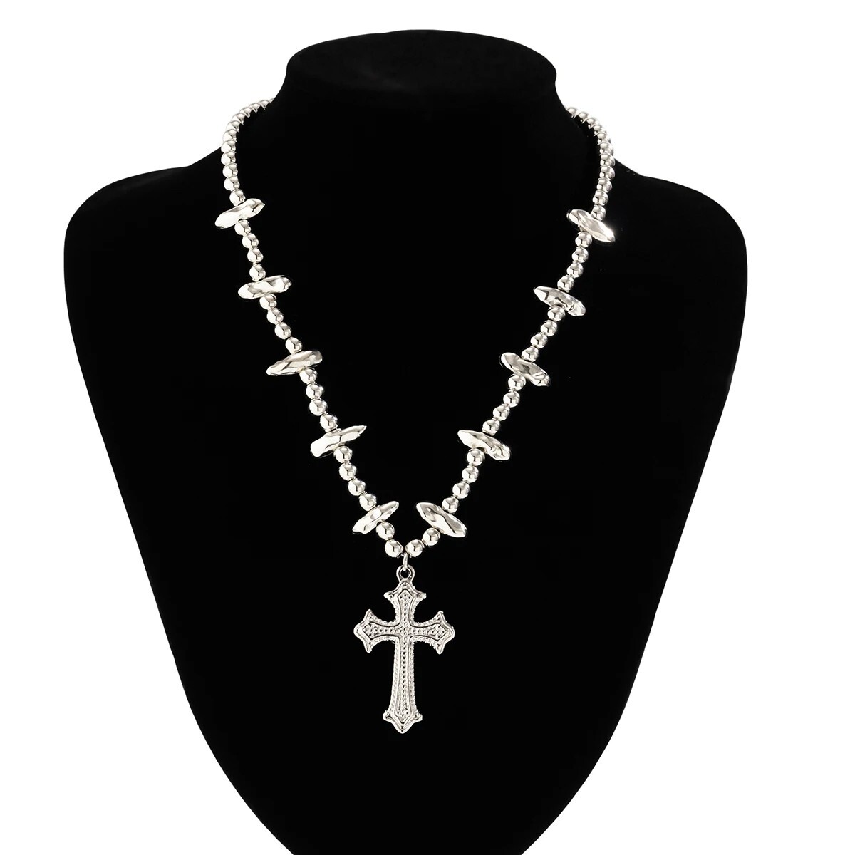 Cross Pendant & CCB Strand Beads Chain Necklace Choker Hip Hop Jewelry