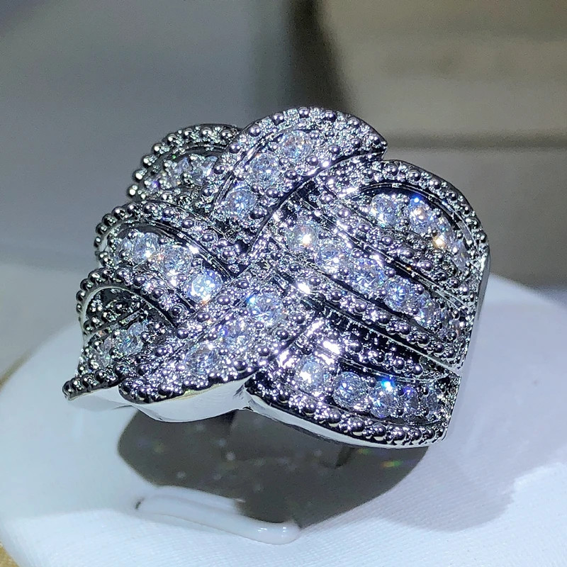 Sterling Silver Band Ring Simulated Zirconia Pave Set Wedding Women Jewelry