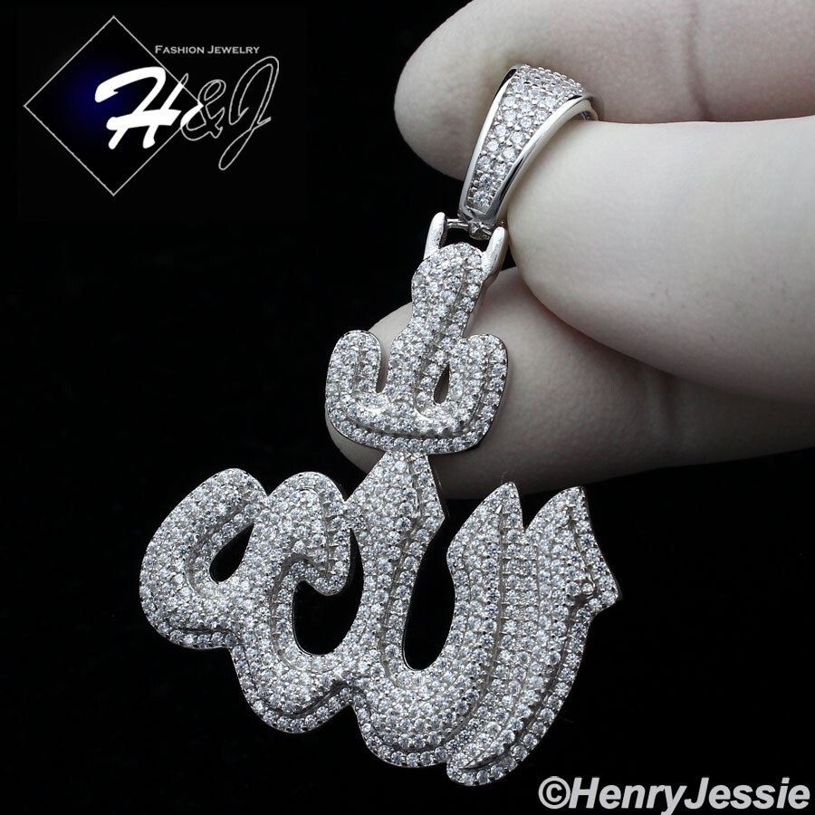 MEN SOLID 925 STERLING SILVER ICY BLING CZ 3D SILVER MUSLIM ALLAH PENDANT*SP288