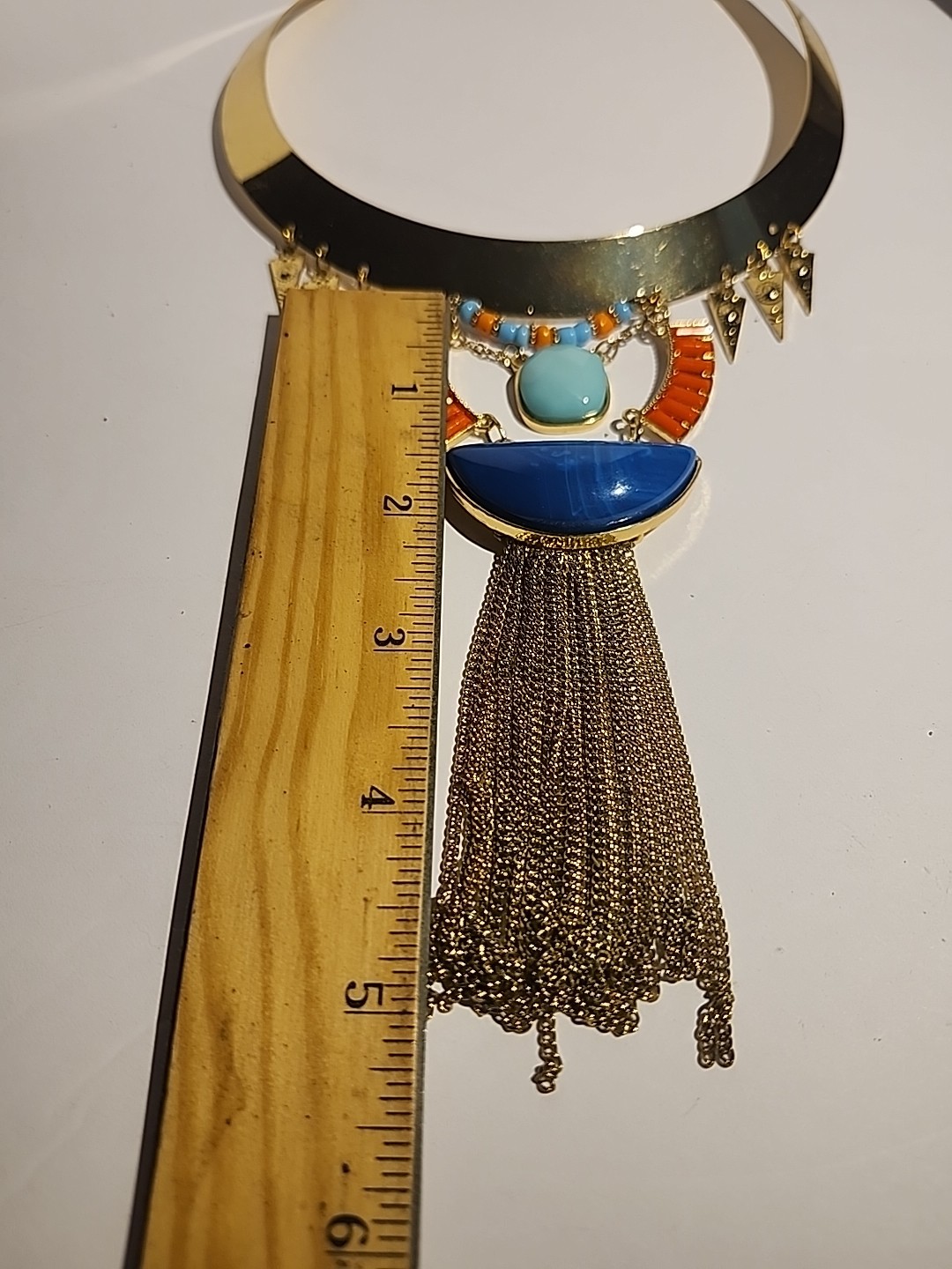 Blue and Orange Necklace Boho Tribal Gold Tone Rigid Base Fringe Tassle
