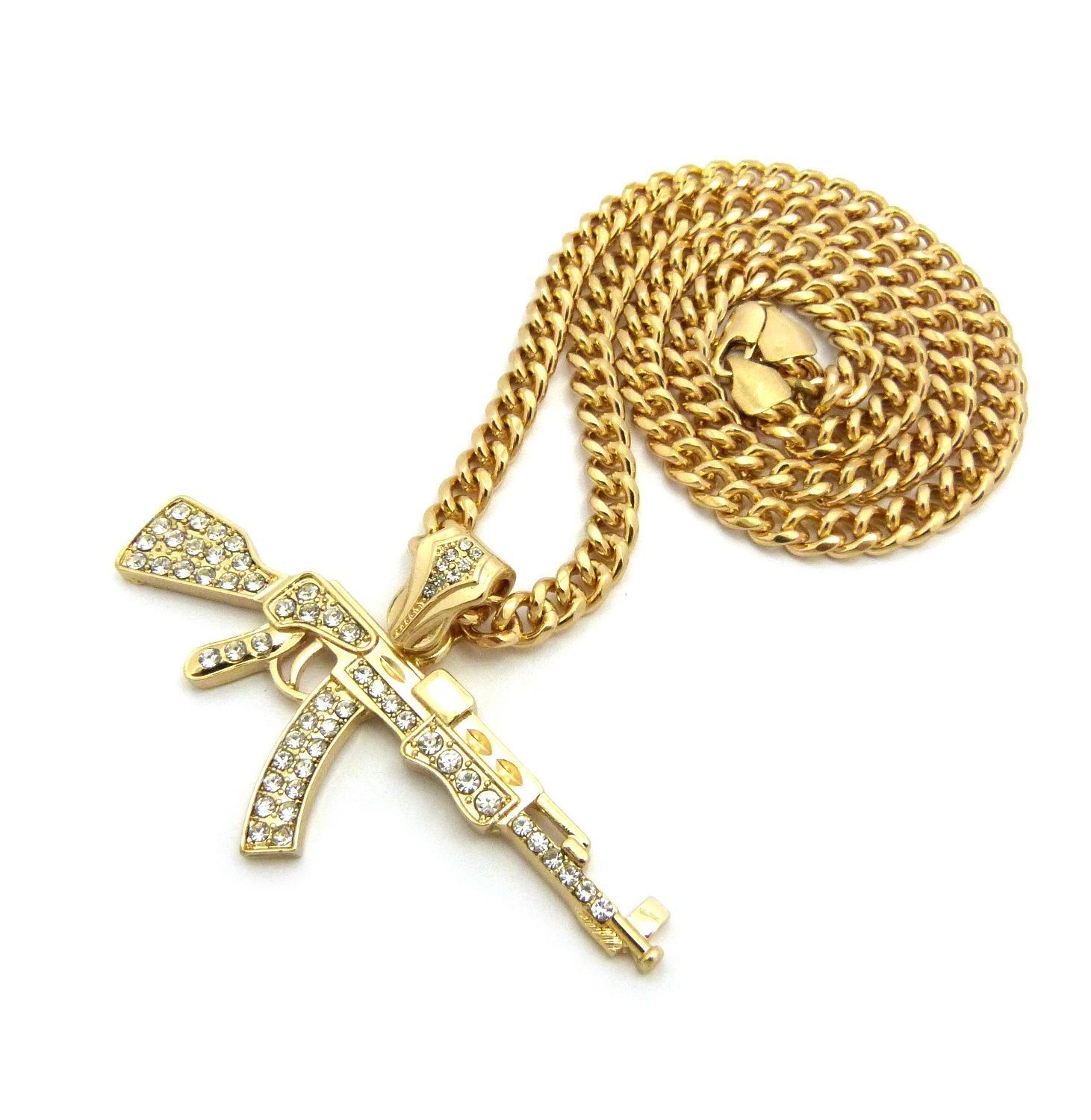 Gold Plated Alloy Cubic Zirconia AK47 Machine Gun Charm 24″ Cuban Chain Necklace