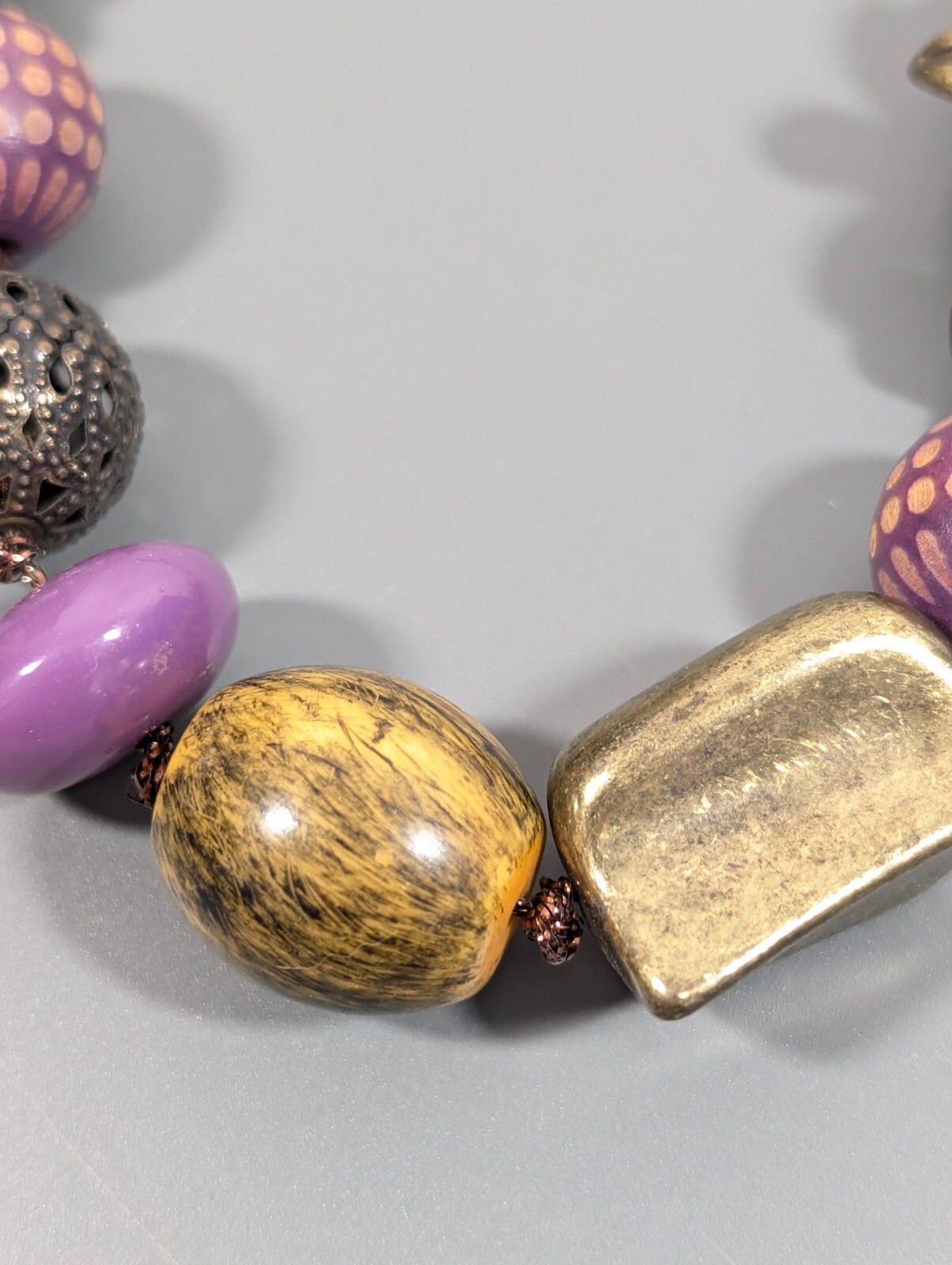 Boho Purple Bronze Tone Flower Beaded Filigree Ball Wood Cord Necklace 23 in