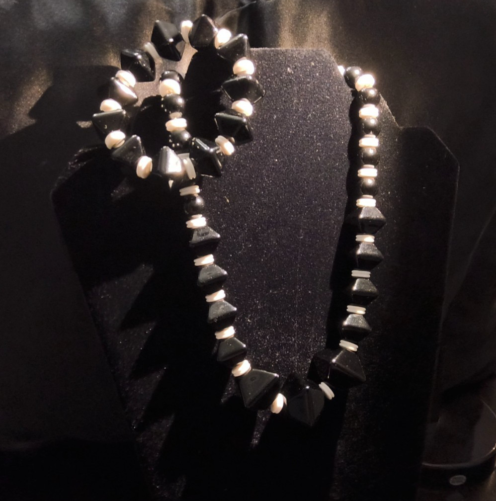 Napier Black & White Statement Necklace and Bracelet Set Geometric Bicone Beads