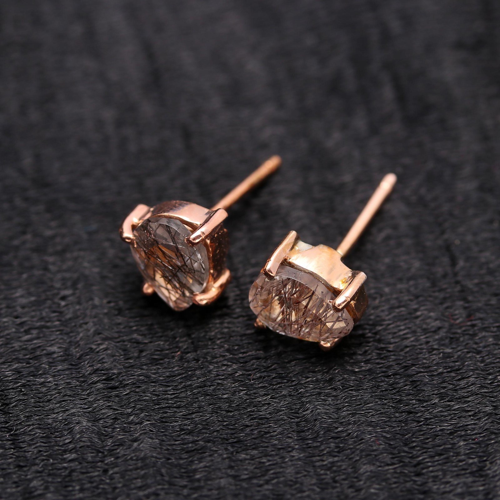 Natural Black Rutile Pear Stud Earrings Rose Gold Plated Solid Silver Jewelry