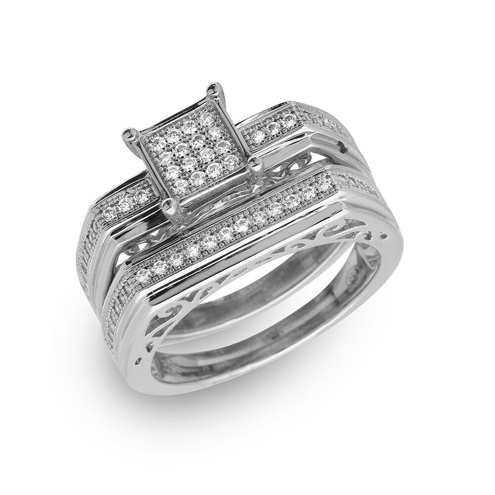 925 STERLING SILVER SQUARE BAR ACCENT RING & BAND SIMULATED FLAWLESS DIAMONDS