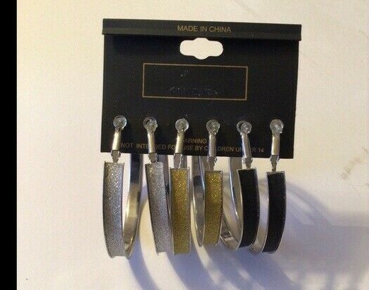 Charlotte Daniels Women 3 Pair Hoop Earring Shimmery Black Gold Silver new