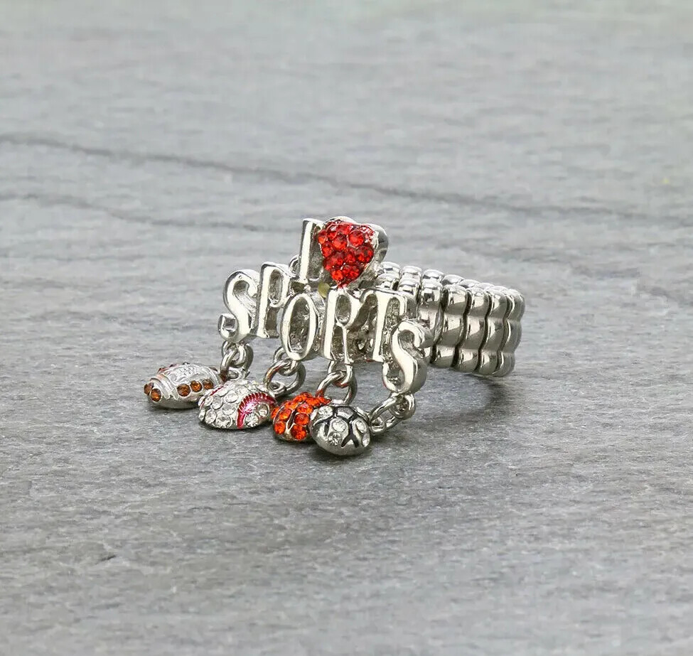 I LOVE SPORTS Stretch Rings Set One Size Rhinestone Encrusted Dome Silver