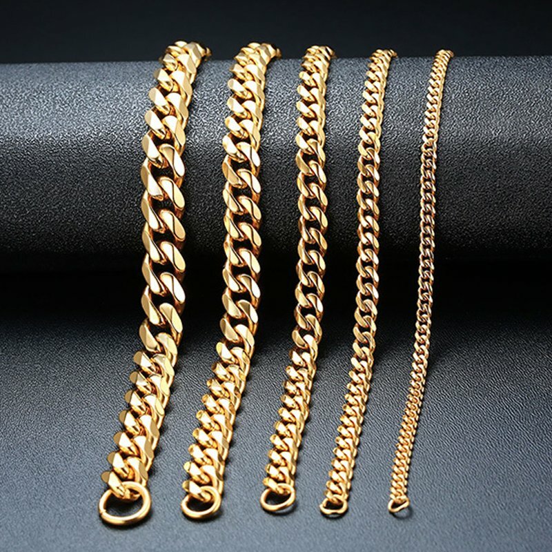 3-11mm 7-11″ Gold Plated Stainless Steel Chain Bracelet Curb Cuban Link Wrist