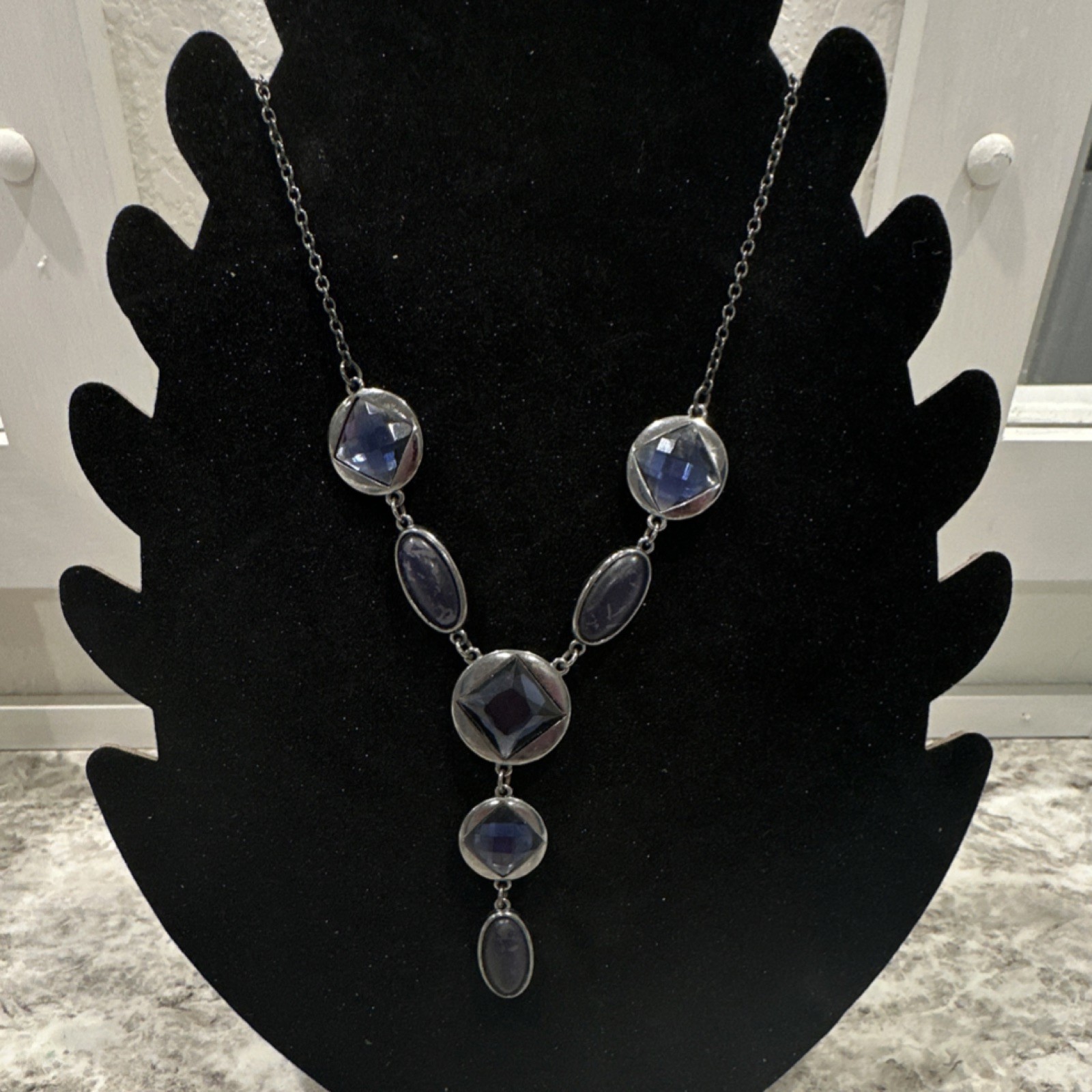 Y-Drop Silver Tone Blue Stone Square Oval Pendant Cable Chain Fashion Necklace