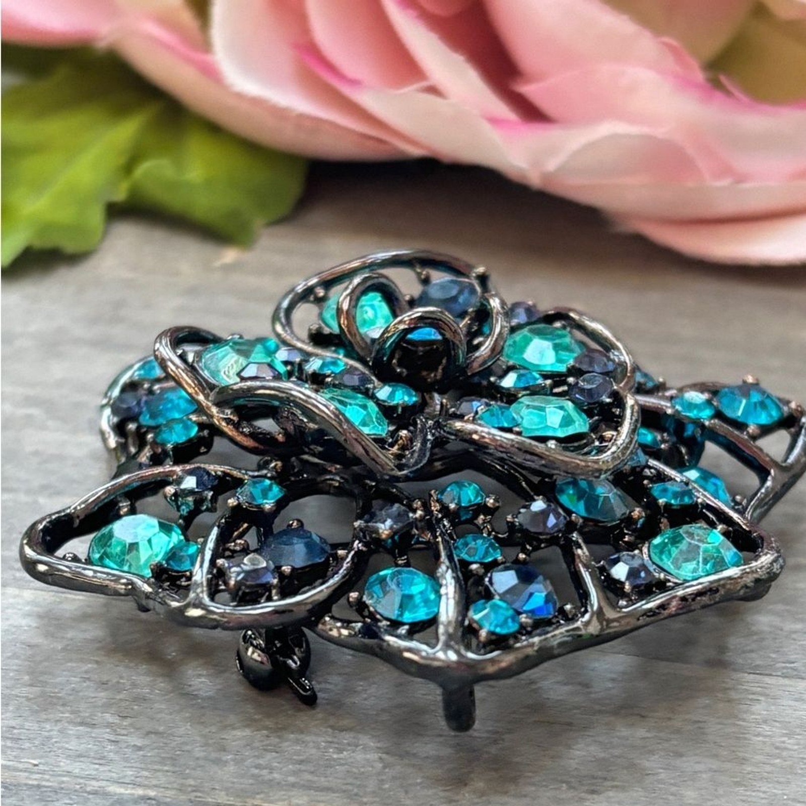 Large Blue and Teal Rhinestone Brooch with Rhodium Finish