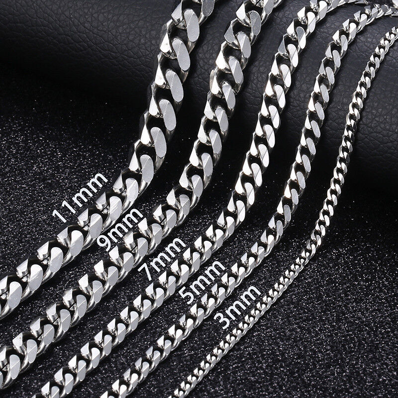 16-36″ Stainless Steel Silver Chain Cuban Curb Womens Mens Necklace 3/5/7/9/11mm