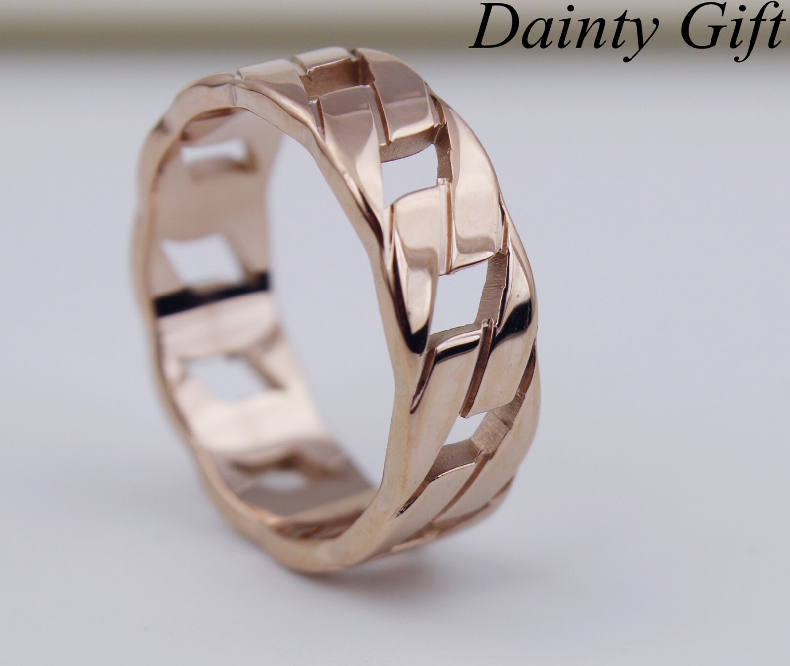 Women Girl Rose Gold Plated Titanium Stainless Steel Cuban Link Chain Ring 7
