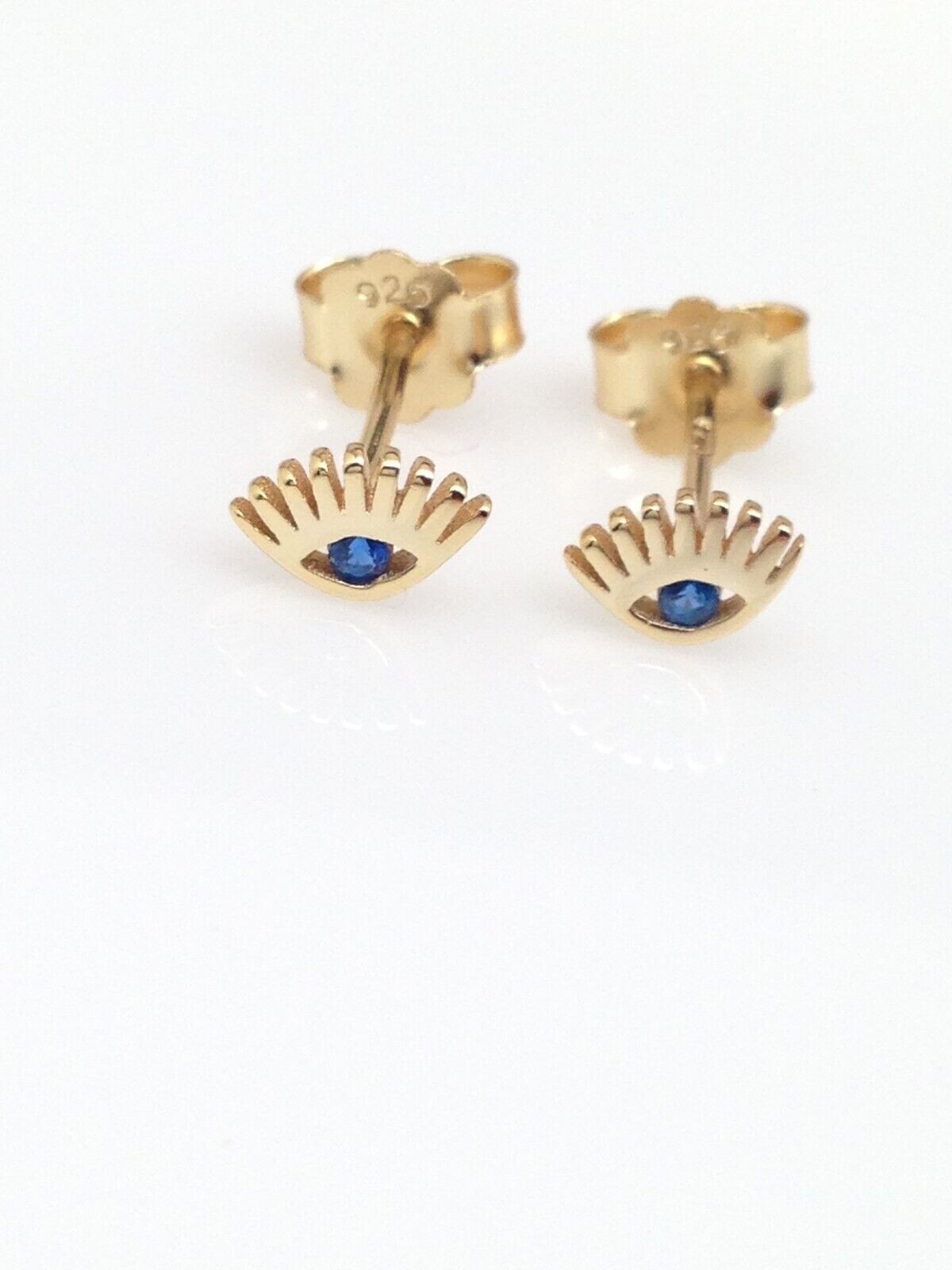 925 Sterling Silver Evil Eye Gold Stud Earrings Dainty Blue CZ Studs 5.5mm